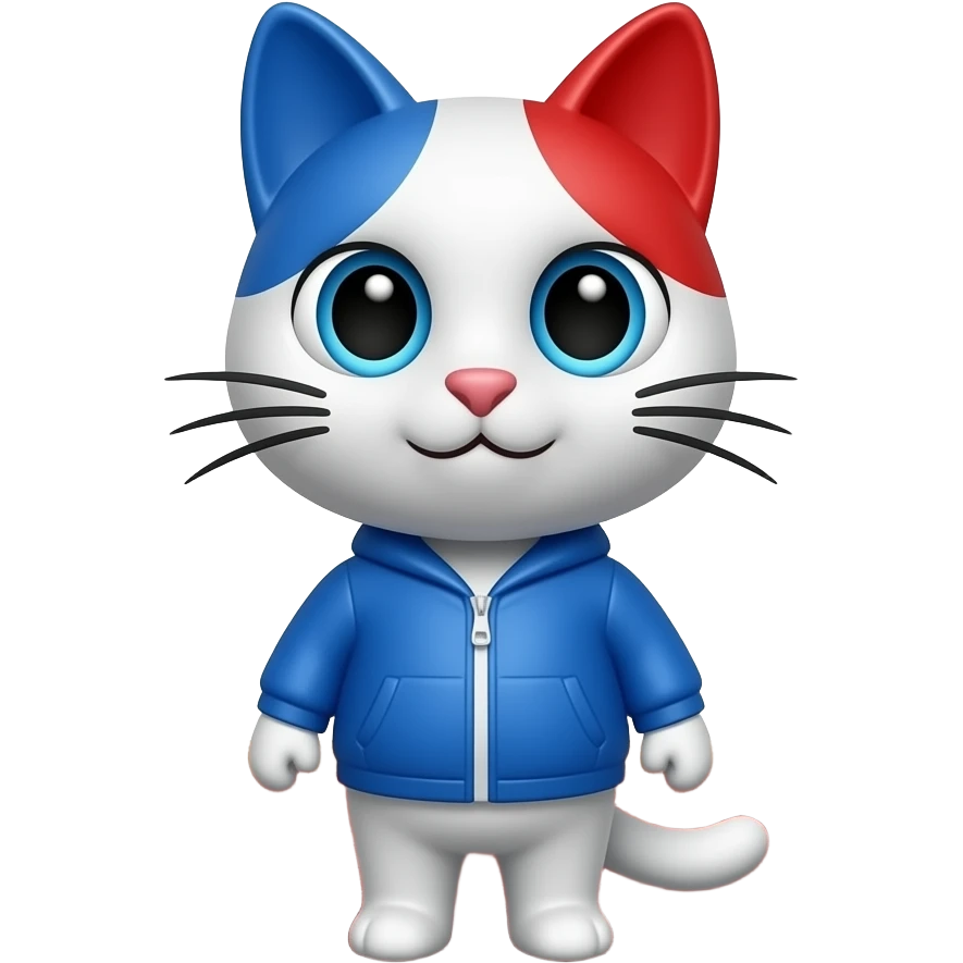 white skin emoji cat, blue left ear ,red right  ear ,wear a blue jacket, red parket emoji