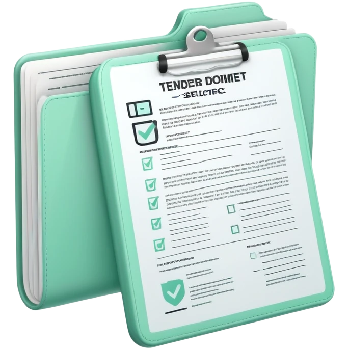 Commande Publique (Public Procurement), 3D technical icon with black and mint green (#B5F4D3), tender document with technical specifications and compliance checklist emoji