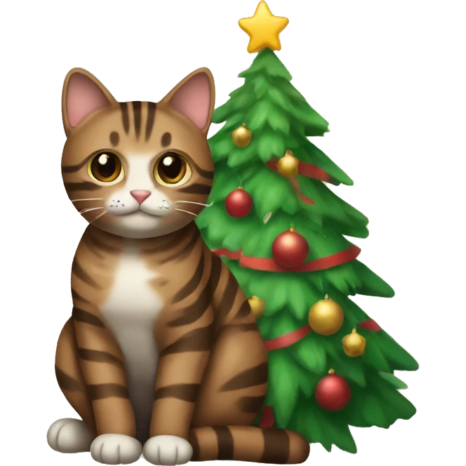 Brown striped cat sitting Christmas tree  emoji