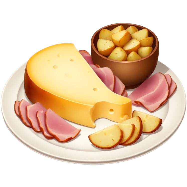Melting raclette cheese in a plate with ham and potatoes  emoji