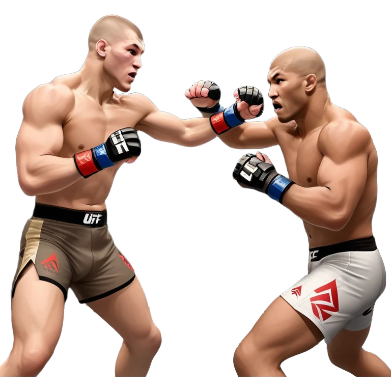 Two MMA fighters in the octagon, one delivering a strong punch while the other defends with a guard. The background shows the UFC octagon with the crowd in the distance. Transparent background emphasizes the dynamic intensity and skill of mixed martial arts. emoji