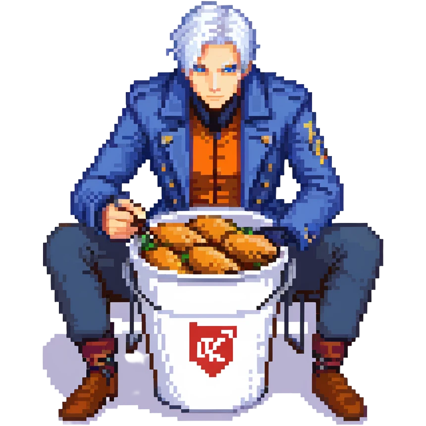 Vergil from Devil May Cry sitting in a KFC bucket, blue coat, white hair, katana emoji