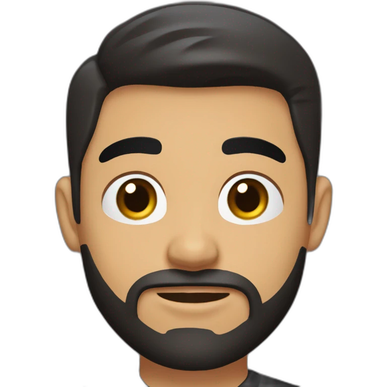 25 year old Hispanic man with a beard and thick eyebrows light skin, black shirt and side fades and a comb over with very dark brown eyes emoji