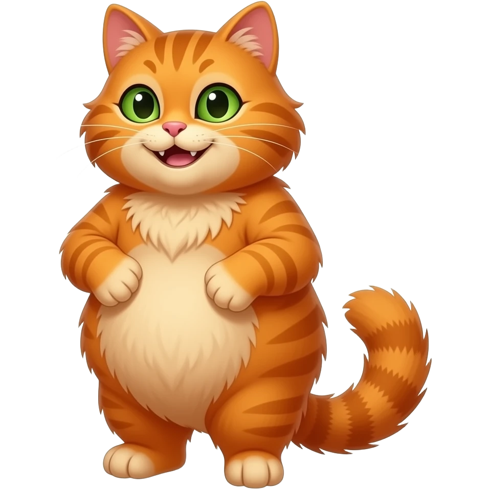 chonky orange cat with green eyes, standing on back legs, belly, closed mouth smiling, devilish eyes, long haired, 3/4 view, staring at the camera, smiling,closed mouth smiling with one teeth, garfield-like emoji