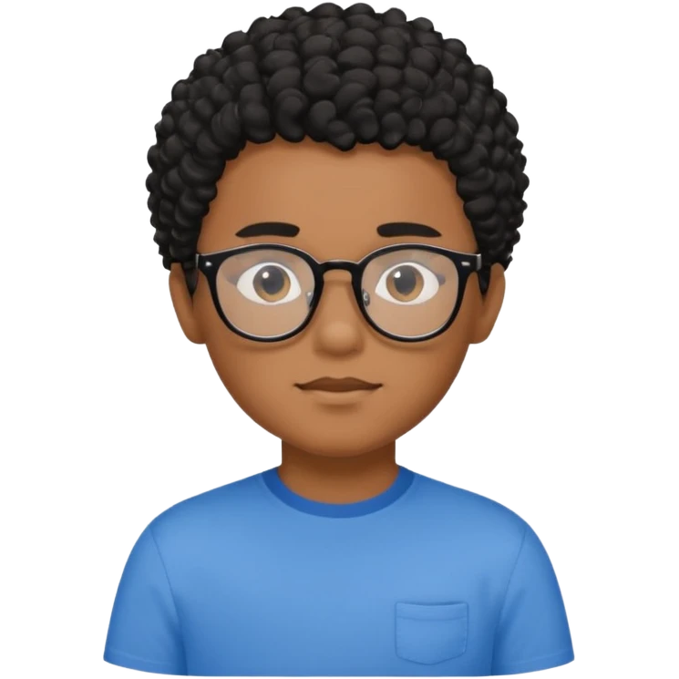 Menino moreno com cabelo curto cacheado preto, de óculos preto e blusa azul emoji