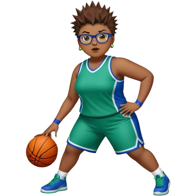 FULL BODY PLUS SIZE women with short hair SPIKEY HAIR and glasses playing basketball IN BLUE AND GREE UNIFORM NO WRITING emoji