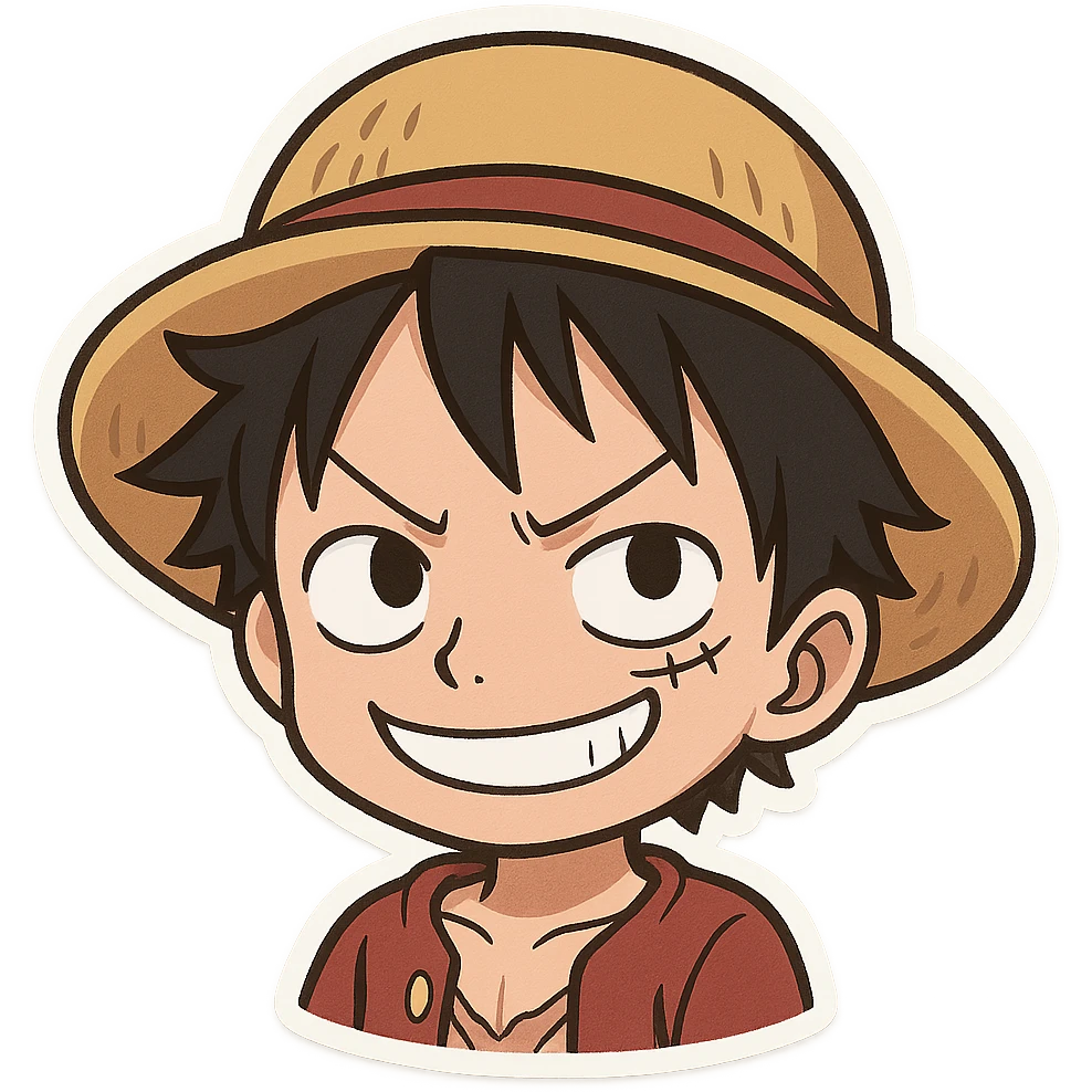 Luffy smiling confidently, anime emoji style, mischievous expression emoji