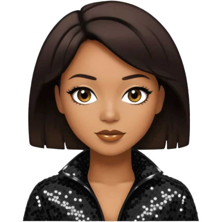 Monica Arnold, R&B Singer with short dark brown hair, black sequin outfit, tan skin emoji