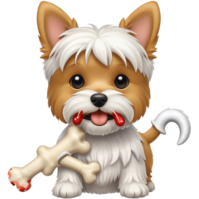 White yorkie terrier con hueso en la boca  emoji