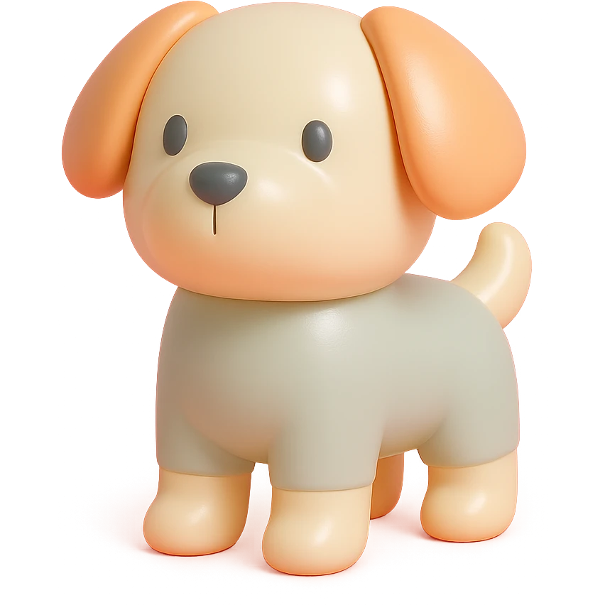               Transform {subject} into a soft vinyl figure with a smooth, glossy surface. The material should look slightly rubbery and tactile, with minimalistic curves and a matte-gloss hybrid finish. Use pastel or soft solid colors. The surface is seamless, with no visible textures or roughness. Studio lighting, vibrant background, clean, playful, designer toy aesthetic and no shadows. {subject} = dog emoji