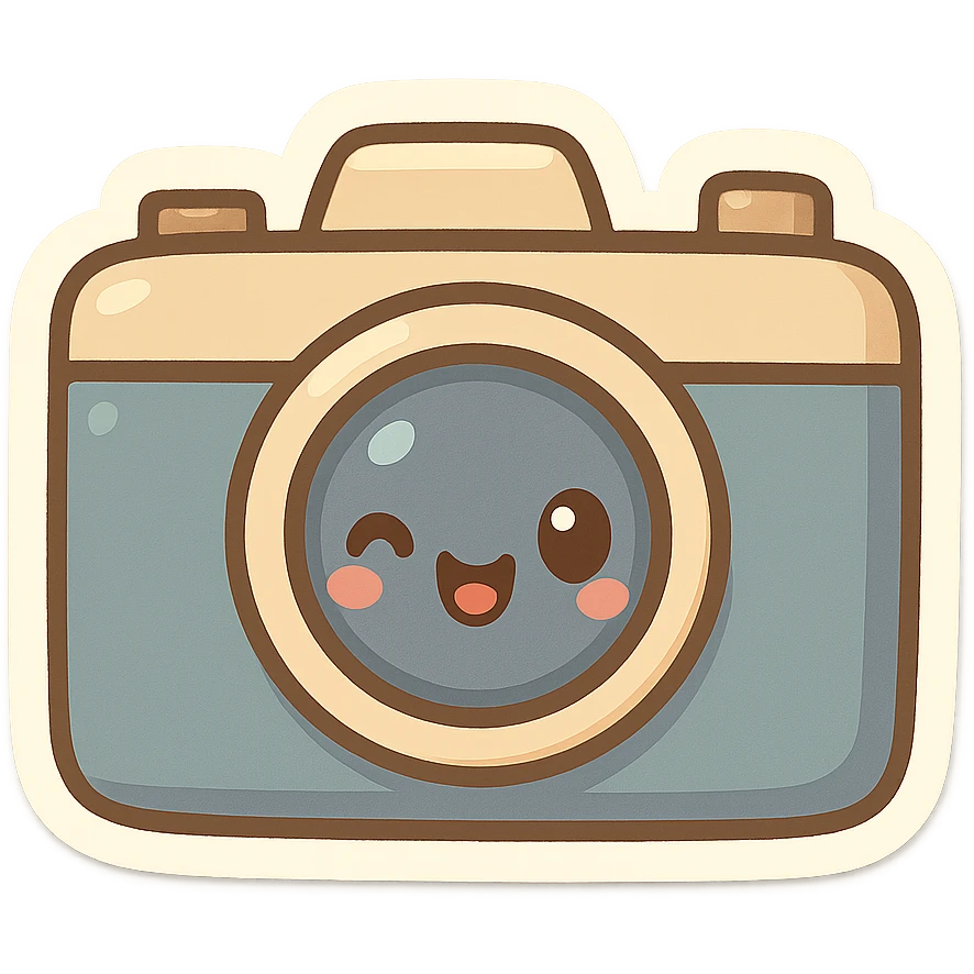 chibi sticker-style camera with a winking face, cute and exaggerated emoji