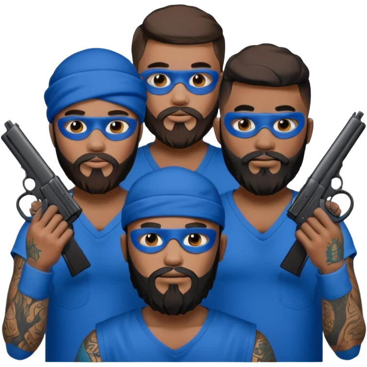 Crip gang members with beards and guns with tattoos an blue masks on  emoji