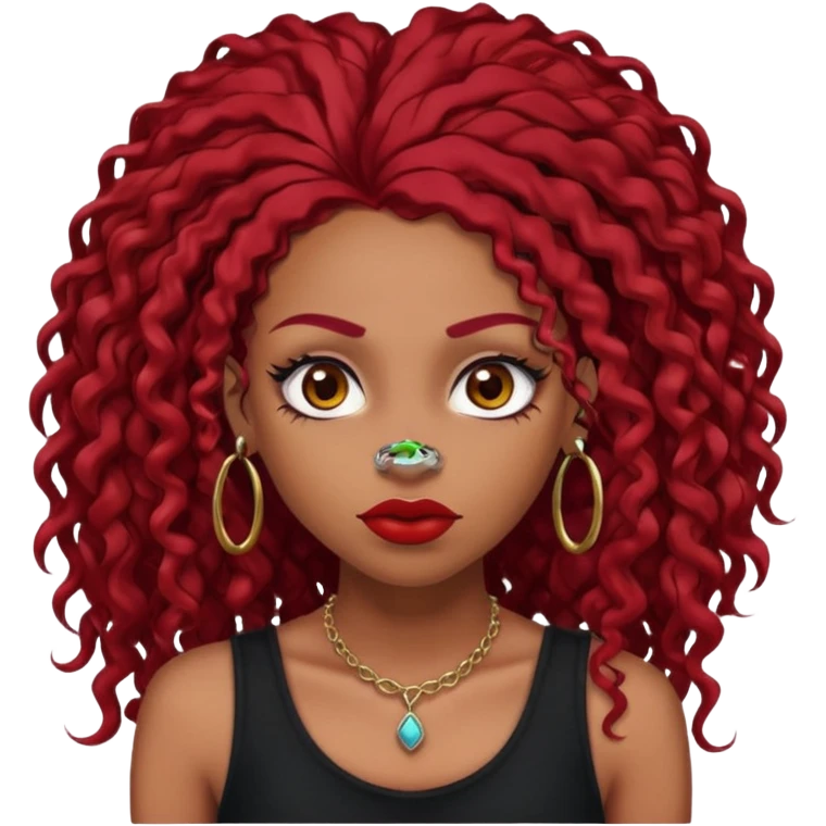 light-skinned black girl with very long eyelashes with long curly dark red hair with edges wearing a black top with no sleeves. and a red accessory on her head with nose and mouth piercings and is a baddie and looks like a bad girl. emoji