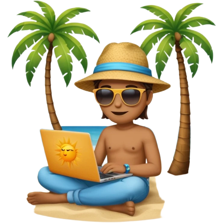 A gender-neutral emoji-style character (🧑‍💻) sitting with a laptop on the beach, next to a palm tree, with sun and ocean in the background. emoji