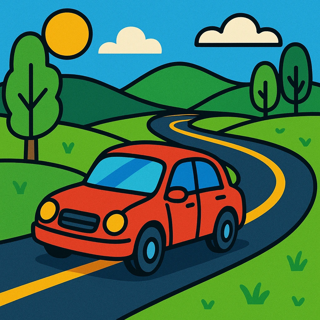 a car driving on a winding road, vibrant cartoon style emoji