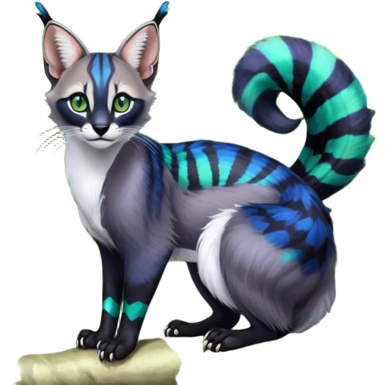 Colorful dark tropical cobalt-blue, black, white fur, with green eyes, iridescent glorious divine exotic cute cool beautiful shiny beautiful fantasy-caracal-civet-genet-sergal-vernid-Cacomistle-Furret-civet-oncilla-animal-Fakémon-hybrid-fursona with pattern markings (full body) emoji