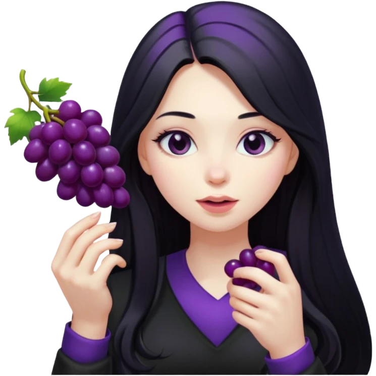 girl with long black hair, black clother with eating disorder purple food emoji