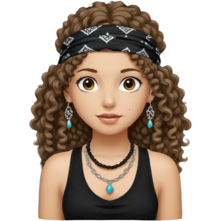 Baddie girl with black  tank top long  curly hairss and bandana and jwellery face only not body emoji