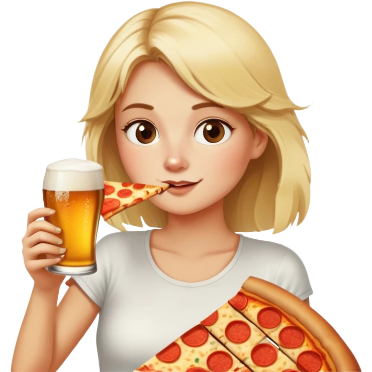 Blond girl eating a slice of pizza and drinking beer in the sunshine emoji