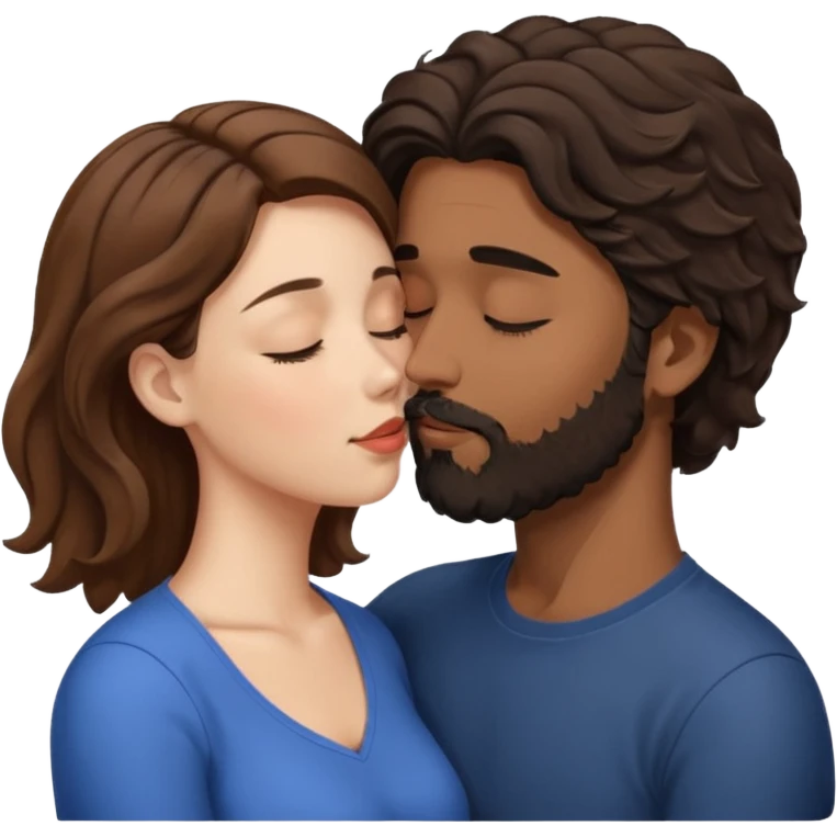 White woman (brown hair with eyes closed) kissing the top of the head (forehead) of brown man with black wavy hair (has a a beard with his eyes closed too) emoji