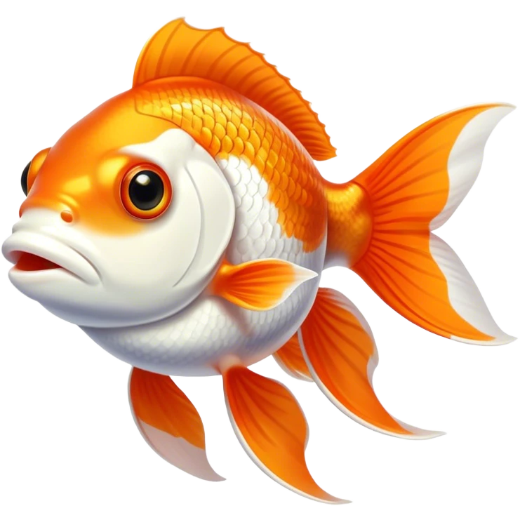Cinematic Noble Orange and White Goldfish Portrait Emoji, Poised and regal, with a sleek, streamlined build and a vibrant body featuring a harmonious blend of orange and white hues, deep-set soulful golden eyes, Simplified yet sharp and sophisticated features, highly detailed, glowing with a soft, dignified glow, high shine, intelligent and graceful, stylized with an air of aquatic artistry, focused and attentive, soft glowing outline, capturing the essence of a watchful and confident aquatic companion, so majestic it feels as though it could glide out of the screen with effortless authority! emoji