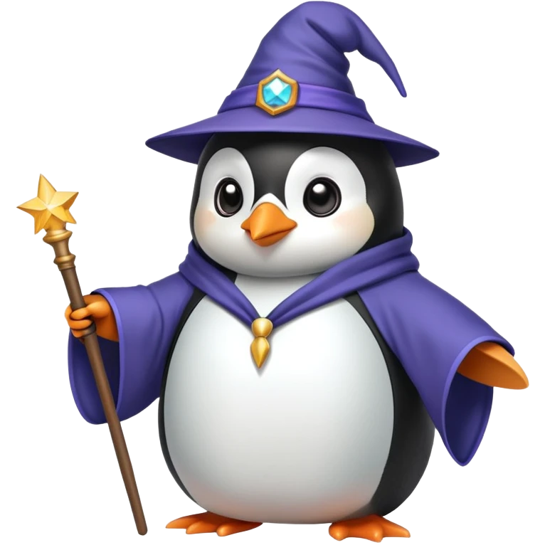 penguin wearing a wizard hat and robe holding a magic wand emoji
