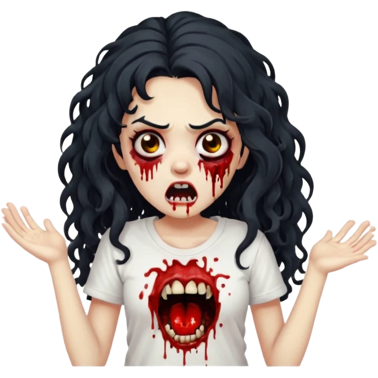 a zombie with long curly black hair volumoso, brown eyes, a white t-shirt and a splash of blood on her t-shirt, mouth open like a zombie emoji