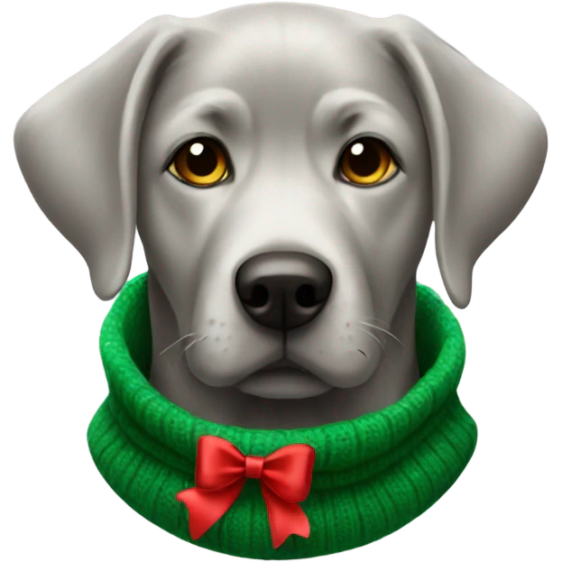 Silver lab with green Christmas sweater with red bow emoji