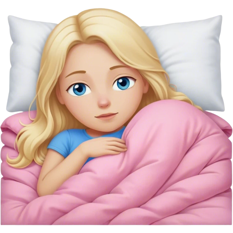 Cinematic realistic blonde with long hair, blue eyes, dressed in a pink top, sleeping in a cozy, soft bed, covered with a white duvet emoji