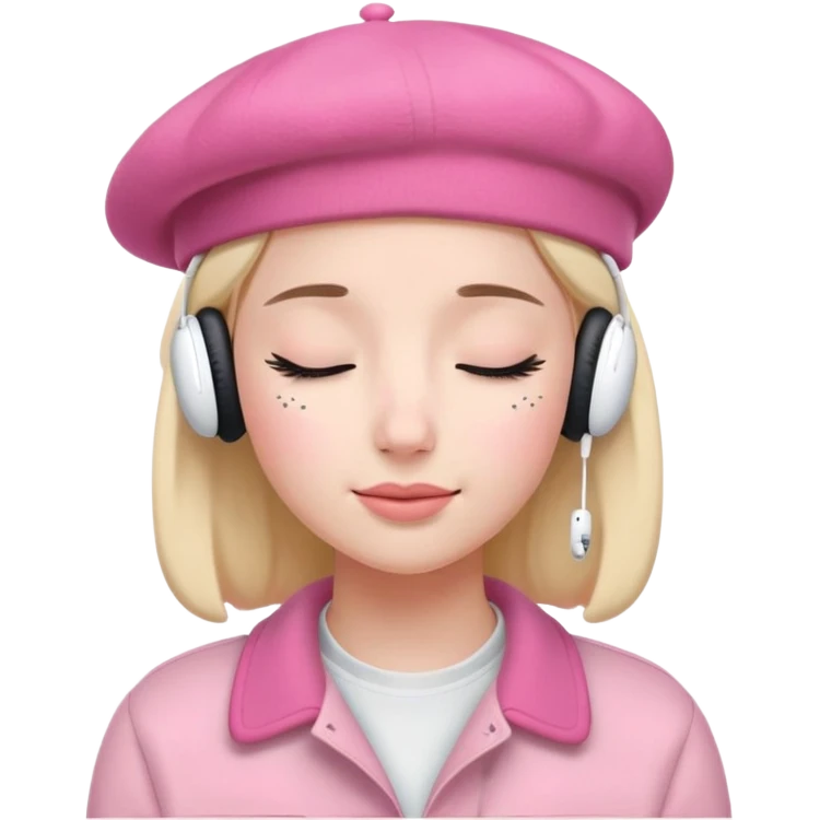 girl wearing a pink beret and AirPods Max headphones, listening to music with closed eyes emoji