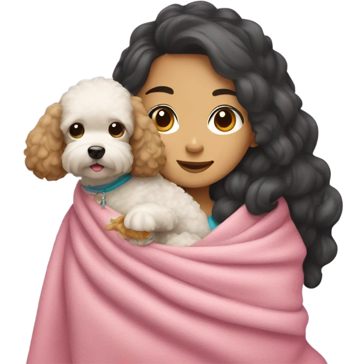 asian girl cuddled with toy poodle in blanket emoji