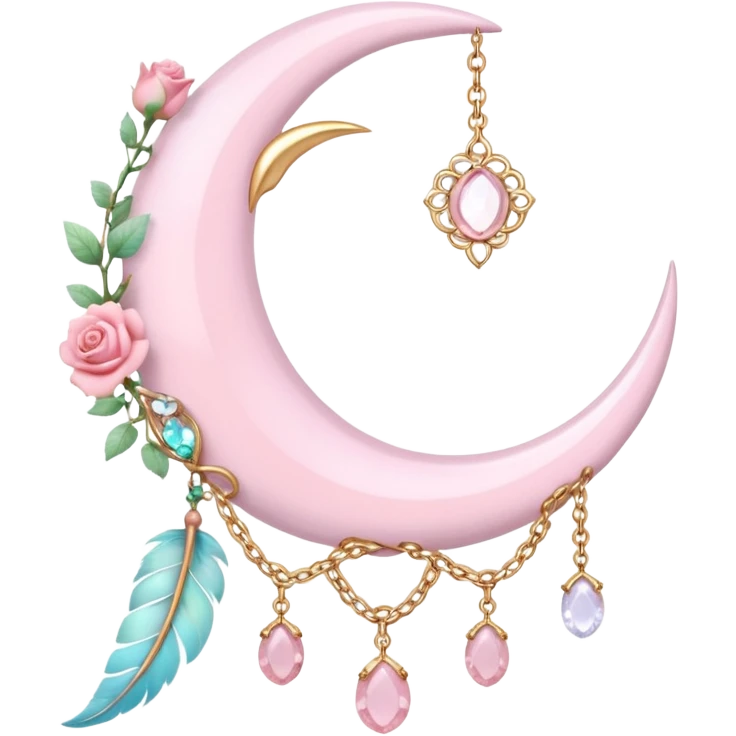 Rosy shiny glossy sparkly romantic pastel crescent damask moon with rose quartz pastel vines pastel gems pastel beads with feathers and chains  emoji