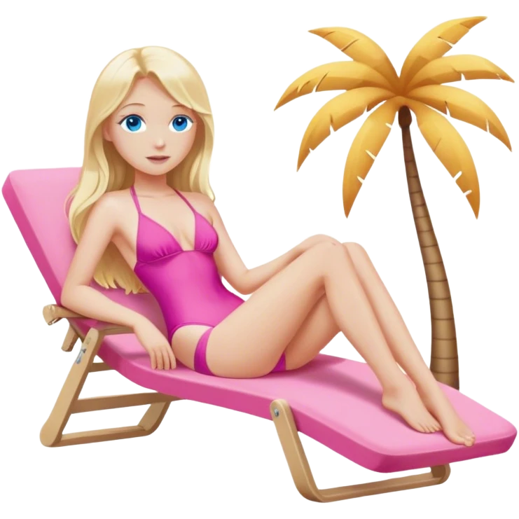 A cinematically realistic blonde with long hair and blue eyes is lying on a chaise longue in a pink swimsuit, sunbathing in the sun emoji