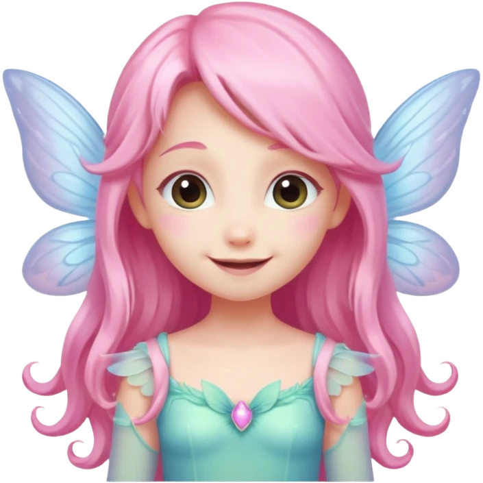 A tiny pastel fairy with pink long hair with glowing wings and a sweet smile  emoji