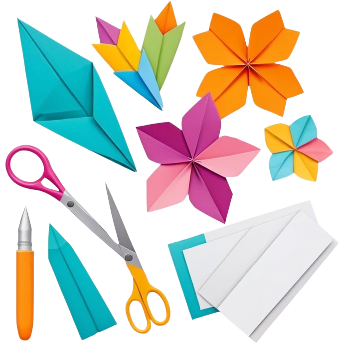 Paper crafting icon, various paper crafts like origami, paper flowers, and scrapbooking materials, visible tools such as scissors, glue stick, and paper sheets, colorful paper patterns, minimalistic style, clean lines, transparent background. emoji