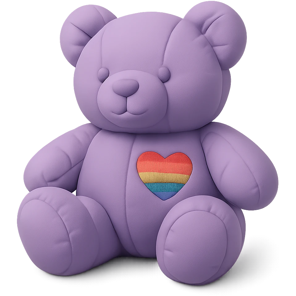 Change the rainbow patch to a heart-shaped rainbow patch on the purple and white teddy bear, keep it soft and plush, no shadows, flat lighting, no background. emoji