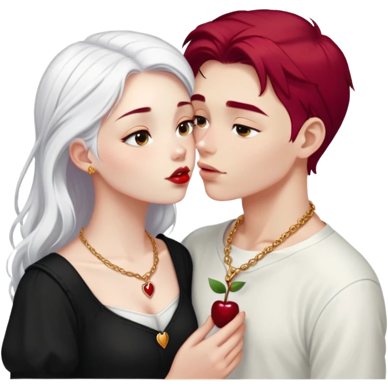 20 year old couple, boy with SHORT SNOW WHITE HAIR (completely WHITE), dark shirt, girl with long cherry red hair, light clothes, gold necklace, kissing emoji