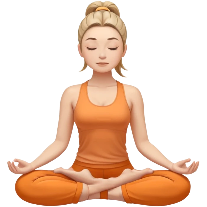 white woman with neat ponytail hairstyle, sitting in lotus position, meditating with closed eyes and serene expression, wearing light orange yoga outfit emoji