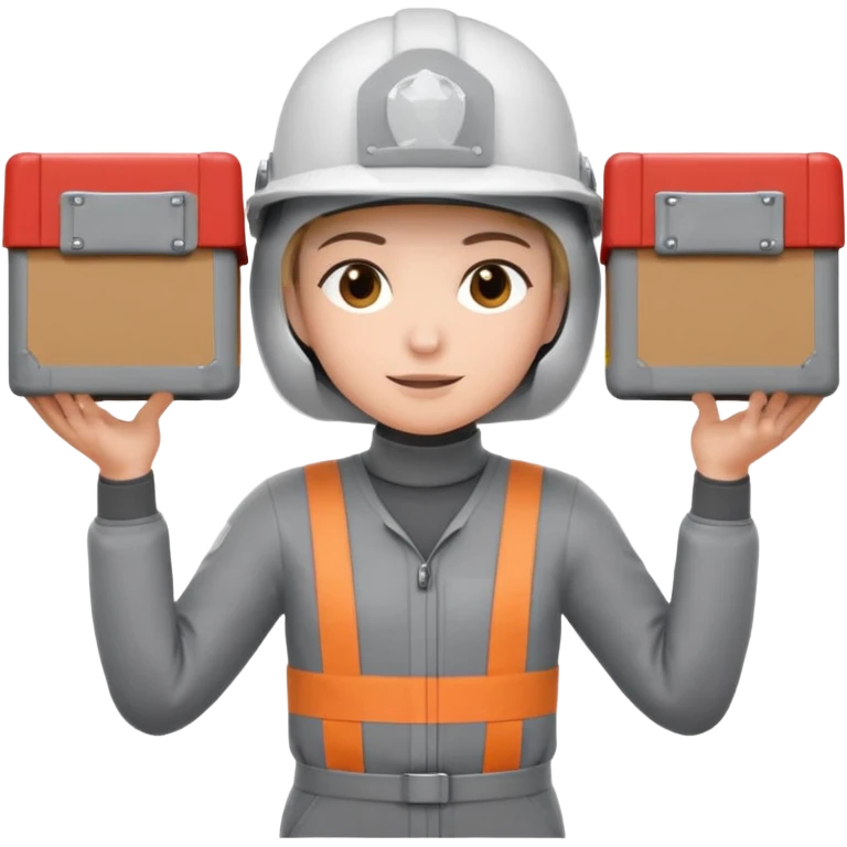 Tengo que dar una capacitacion de orgonomia, necesito un emoji de un operario con casco blanco y buzo gris de manga larga que levante una caja cerrada con las dos manos a la altura de los hombros y que tenga cara de esfuerzo fisico emoji