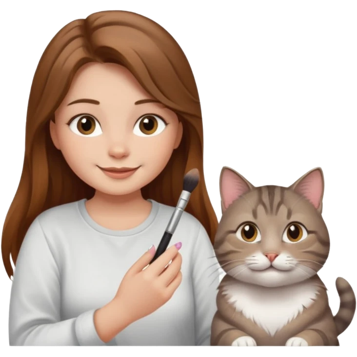 A image of a girl with light long brown hair doing her makeup with her chubby grey tabby cat. She is smiling emoji