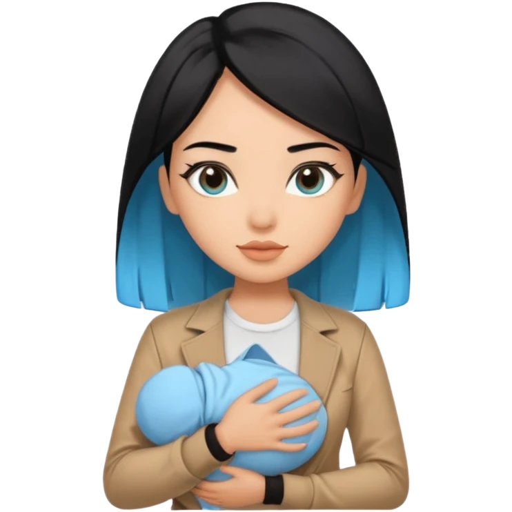 Black haired with baby blue ends, tan skin, and sexy outfit emoji