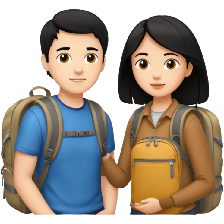 White Couple, black hair, with backpacks looking at each other emoji