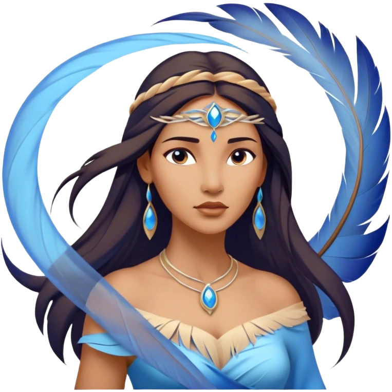 Cinematic Elegant Pocahontas Portrait Emoji, Standing serenely with a blue wind swirl around her, soft feathers in her hair, a tranquil yet powerful gaze, beauty beyond time, an ethereal aura of connection with nature, regal and enchanting! emoji