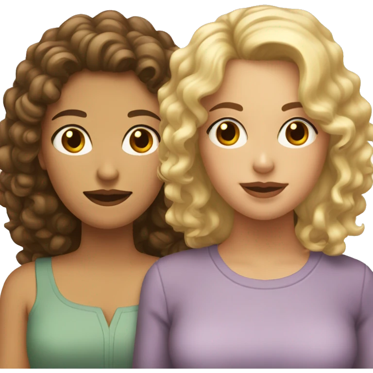 Mom with blonde hair, brown eyes and her adult daughter with curly brown hair and brown eyes emoji