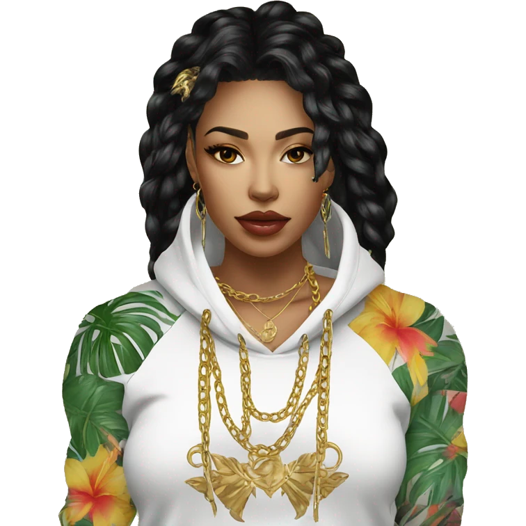 Trendy lady tropical baroque hoodie with tattoos and gold chain emoji