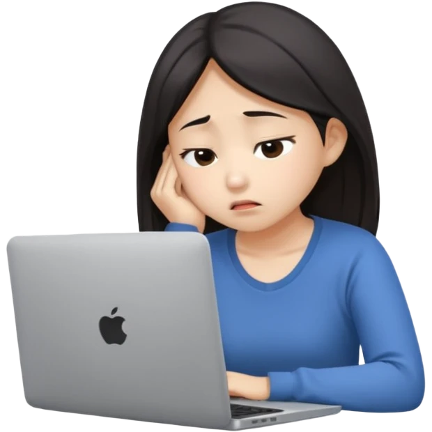 Create an emoji of a tired girl of Asian descent, sitting at a laptop, looking exhausted and frustrated. They have slouched posture, representing overwork and burnout. emoji