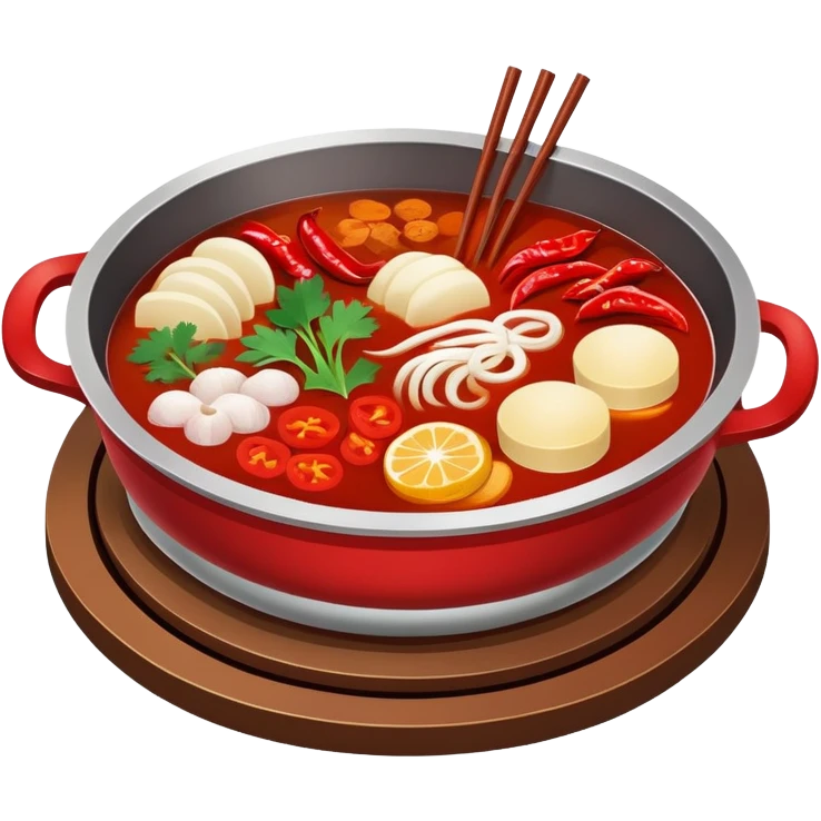 Sichuan Hot Pot with spicy red broth and ingredients, simplified emoji style with bold outlines and bright colors, cartoon style traditional Chinese divided hot pot emoji
