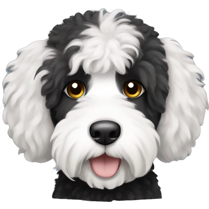 black and white sheepadoodle dog with short hair and brown eyes emoji