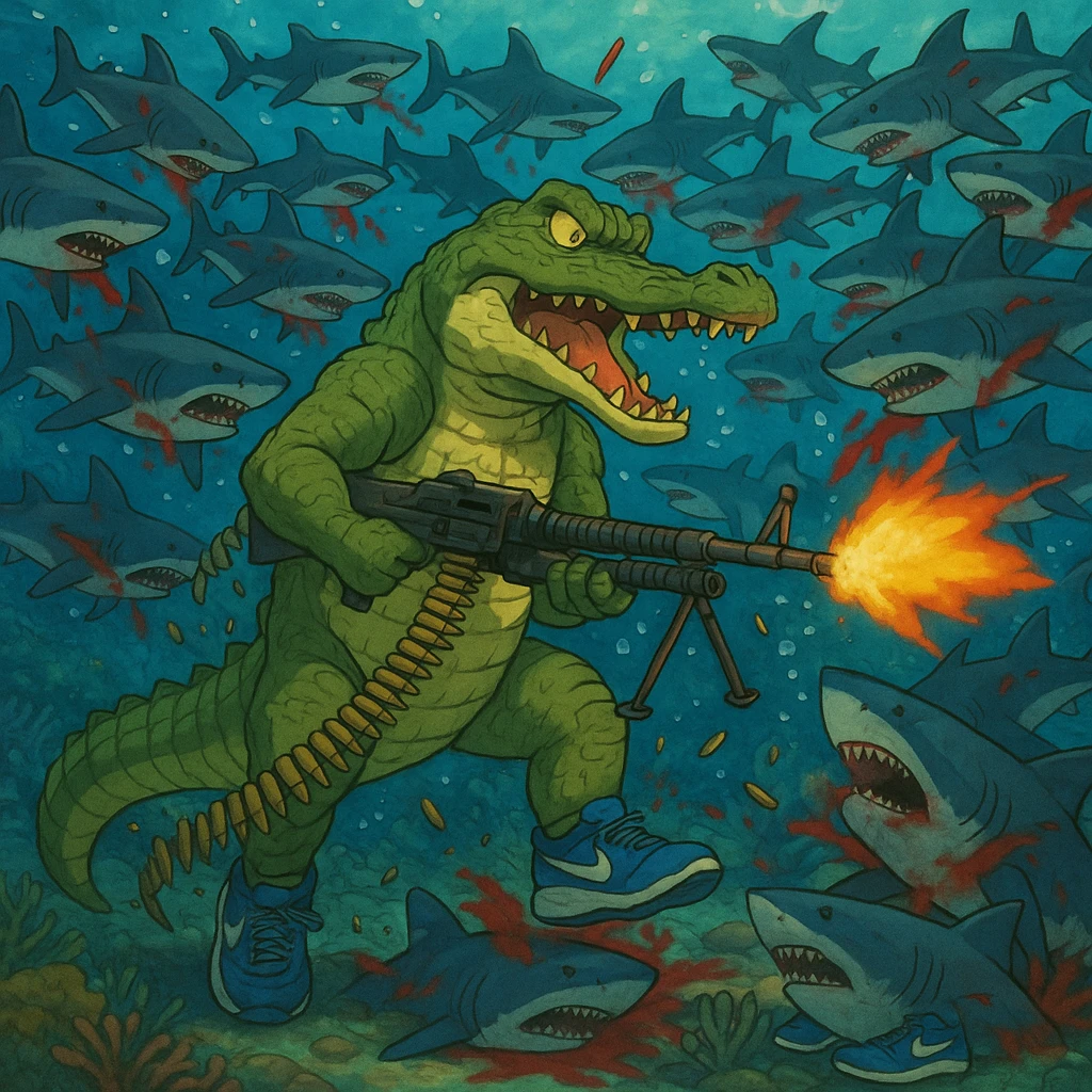 1 crocodile take m60 vs 20,000 shark They wear shoes Nike blue and crocodile killing all sharks  shoes Nike blue and crocodile wins emoji