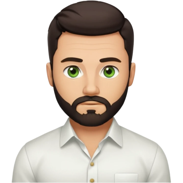 Man with a short full beard, Styled hair, Best looking man in the planet, onepiece style dark hair, green eyes, more realistic style more maskulin. Wearing a white formal shirt, first buttons open macho style, muscular

 emoji